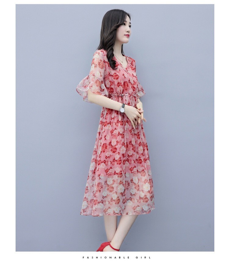 Ladies One Piece Floral Pattern Long One Piece Dress Short Sleeve Lean Chiffon Import Japanese Products At Wholesale Prices Super Delivery