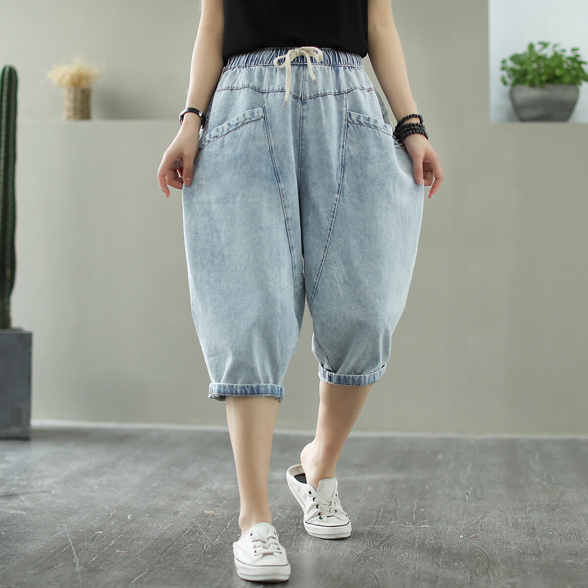 denim three quarter shorts ladies