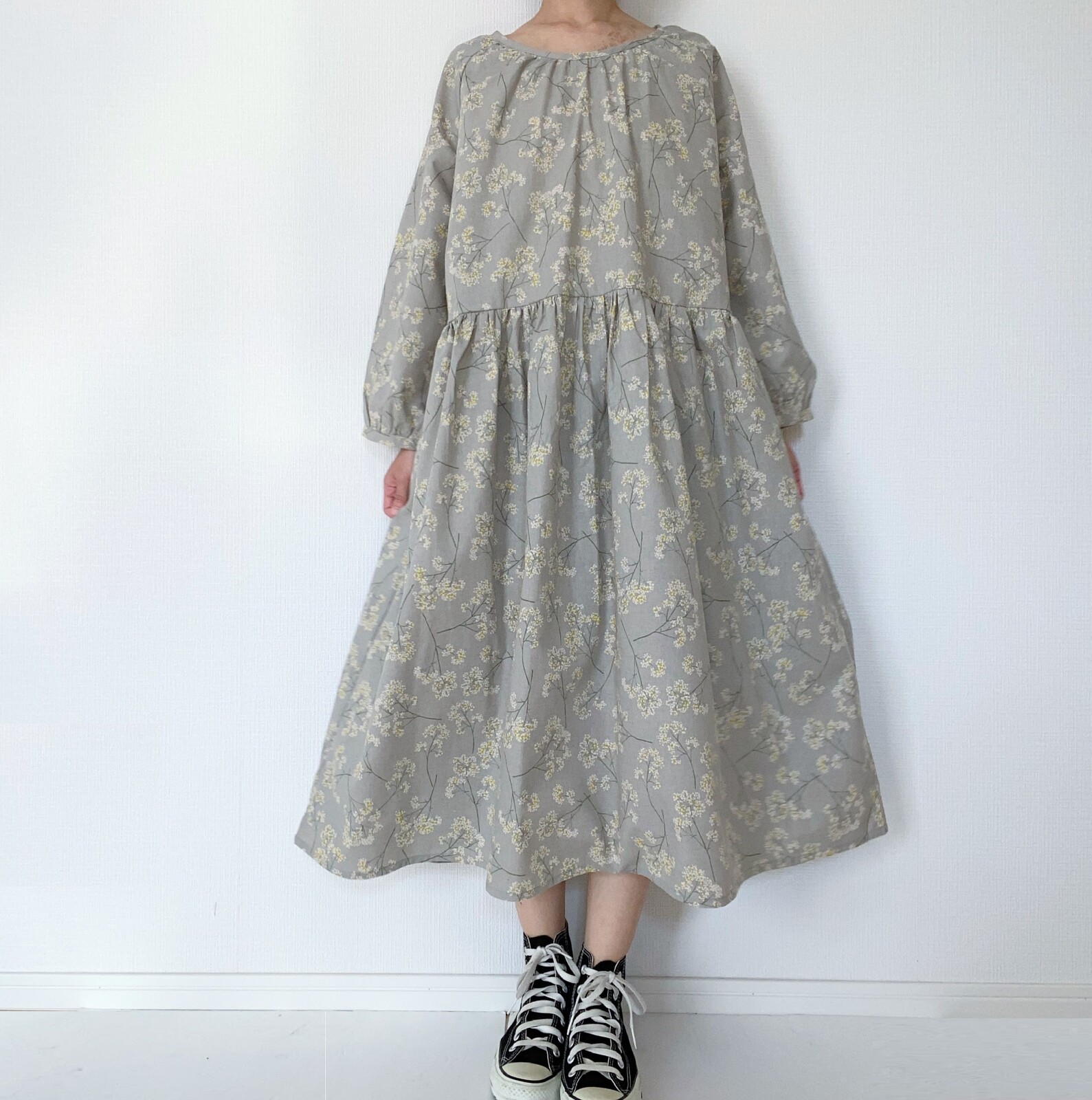 Long Sleeve One Piece Dress Floral Pattern Cotton Import Japanese Products At Wholesale Prices Super Delivery