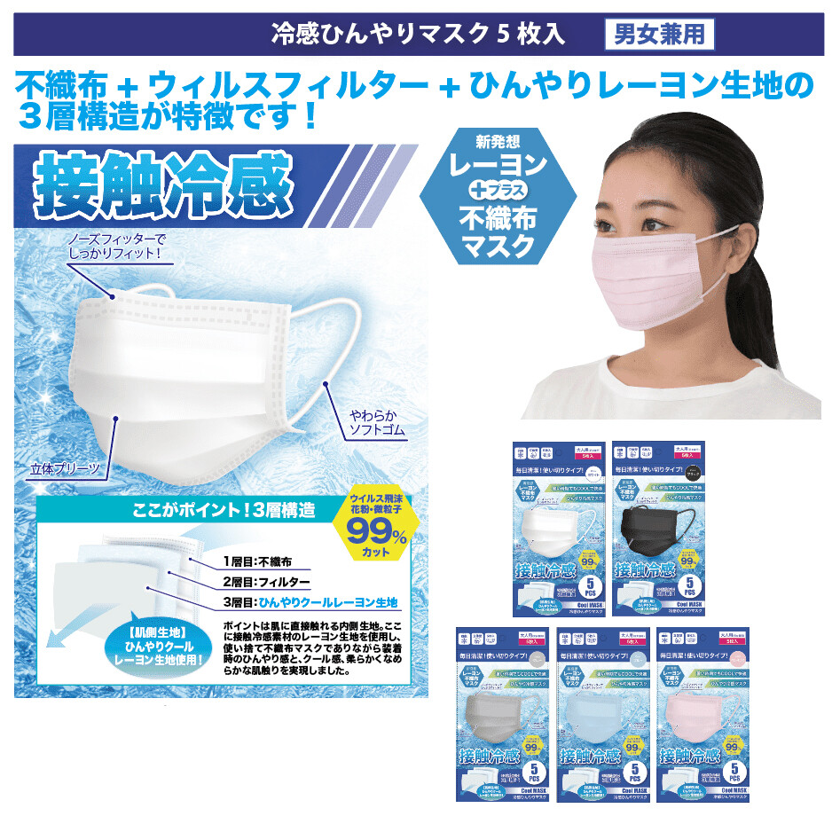 冷感ひんやりマスク 冷感マスク 接触冷感 不織布 レーヨン カラー マスク 同色5枚入の商品ページ 卸 仕入れサイト スーパーデリバリー