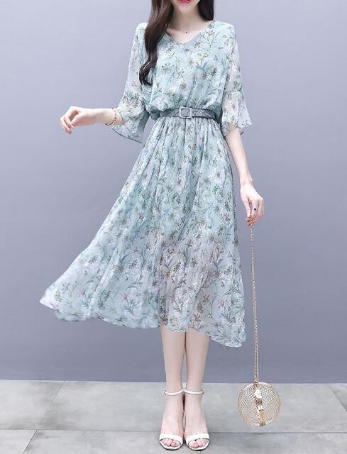 Chiffon One Piece Dress Floral Pattern Ladies Charm Lining Attached Short Sleeve Long Import Japanese Products At Wholesale Prices Super Delivery